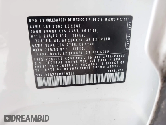 2020 Volkswagen Tiguan S z VIN 3VV1B7AX1LM110352, wystawiony jako IAAI lot #42224581 z przebiegiem 60 597 mil mil oraz . Historia ofert i sprzedaży dostępna na DreamBid. Obrazek 9.