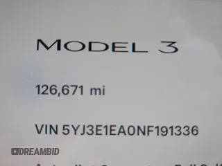 2022 Tesla Model 3 with VIN 5YJ3E1EA0NF191336, listed as a IAAI auction lot 41600441 with 126,671 mi miles and . Bid and sale history available at DreamBid. Image 14.