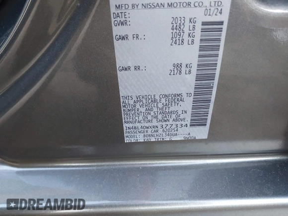 2024 Nissan Altima 2.5 SV with VIN 1N4BL4DWXRN377334, listed as a IAAI auction lot 41785862 with 43,261 mi miles. Bid and sale history available at carsss.com. Image 9.