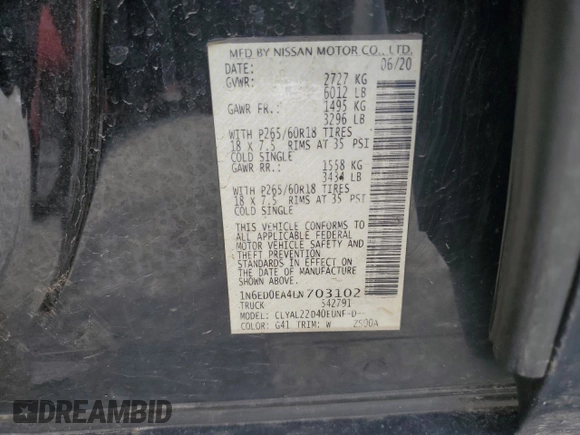 2020 Nissan Frontier SV z VIN 1N6ED0EA4LN703102, wystawiony jako Copart lot #55054765 z przebiegiem 87 578 mil mil oraz Szkoda całkowita • Salvage title. Historia ofert i sprzedaży dostępna na DreamBid. Obrazek 12.
