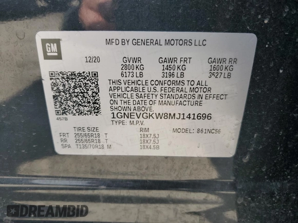 2021 Chevrolet Traverse LT Cloth z VIN 1GNEVGKW8MJ141696, wystawiony jako Copart lot #55600245 z przebiegiem 59 789 mil mil oraz Szkoda całkowita • Salvage title. Historia ofert i sprzedaży dostępna na DreamBid. Obrazek 13.