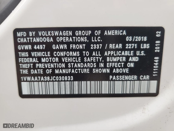 2018 Volkswagen Passat 2.0T S with VIN 1VWAA7A38JC030833, listed as a Copart auction lot 45661595 with 126,729 mi miles and Clean Title. Bid and sale history available at carsss.com. Image 12.