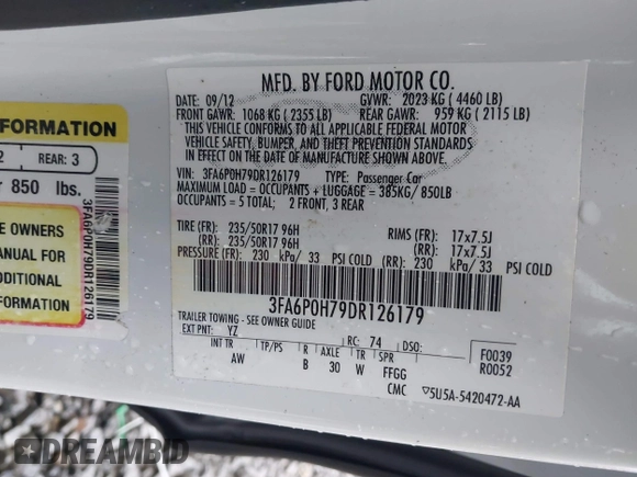 2013 Ford Fusion SE with VIN 3FA6P0H79DR126179, listed as a IAAI auction lot 41129882 with 176,135 mi miles. Bid and sale history available at carsss.com. Image 9.