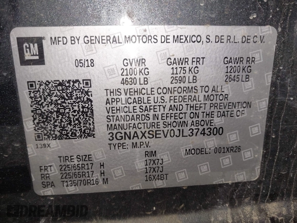 2018 Chevrolet Equinox LT with VIN 3GNAXSEV0JL374300, listed as a IAAI auction lot 41707240 with 166,462 mi miles. Bid and sale history available at carsss.com. Image 9.