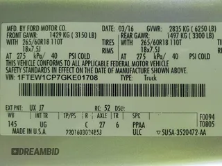 2016 Ford F-150 XL with VIN 1FTEW1CP7GKE01708, listed as a IAAI auction lot 42224770 with 253,191 mi miles and . Bid and sale history available at DreamBid. Image 9.