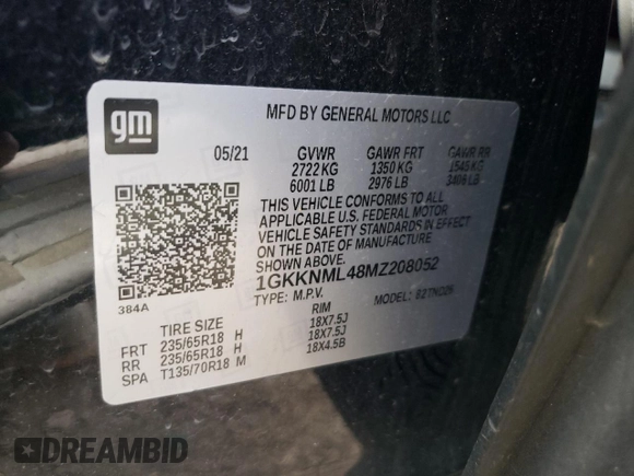 2021 GMC Acadia SLT with VIN 1GKKNML48MZ208052, listed as a Copart auction lot 81747794 with 83,200 mi miles and Salvage Title. Bid and sale history available at DreamBid. Image 15.