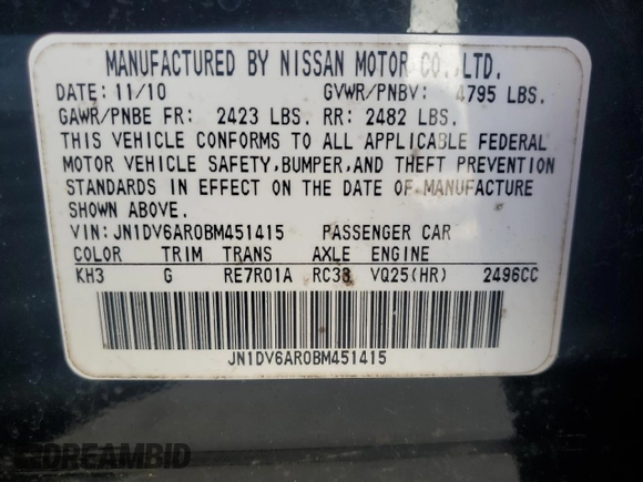 2011 Infiniti G25 x with VIN JN1DV6AR0BM451415, listed as a Copart auction lot 76703204 with 101,180 mi miles and Non Repairable. Bid and sale history available at DreamBid. Image 12.