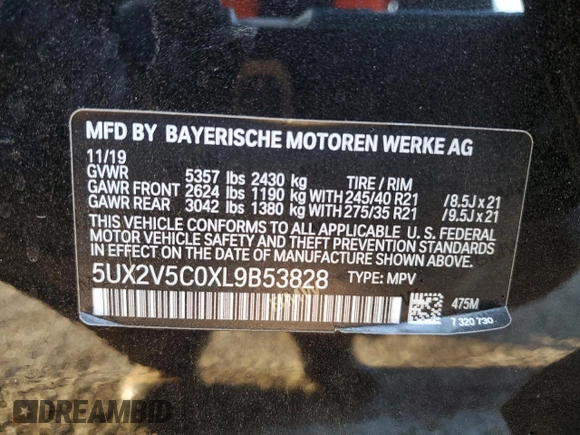 2020 BMW X4 M40i with VIN 5UX2V5C0XL9B53828, listed as a Copart auction lot 43190795 with 55,374 mi miles and Salvage title. Bid and sale history available at DreamBid. Image 13.