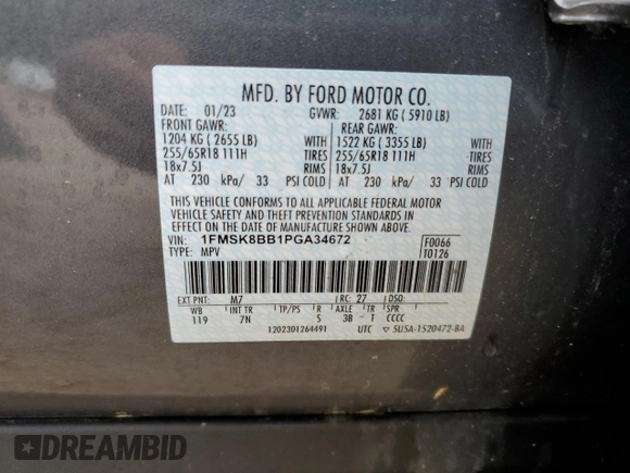 2023 Ford Explorer с VIN 1FMSK8BB1PGA34672, выставлен на аукционе Copart как лот 58034595 с пробегом 17 529 миль миль и Списание • Salvage title. История ставок и продаж доступна на DreamBid. Изображение 14.