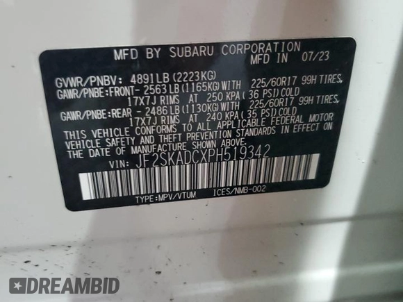 2023 Subaru Forester Premium with VIN JF2SKADCXPH519342, listed as a Copart auction lot 59491745 with 25,581 mi miles and Salvage title. Bid and sale history available at DreamBid. Image 14.