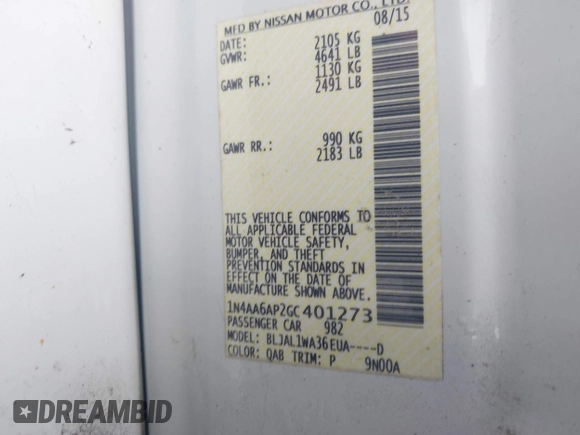 2016 Nissan Maxima SV z VIN 1N4AA6AP2GC401273, wystawiony jako IAAI lot #41898456 z przebiegiem 139 720 mil mil oraz . Historia ofert i sprzedaży dostępna na DreamBid. Obrazek 9.