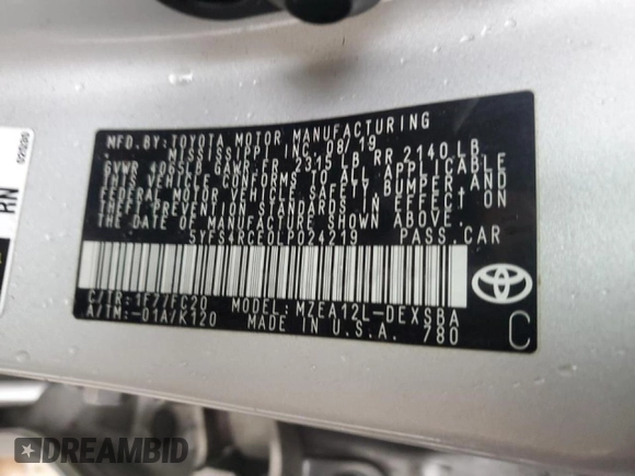 2020 Toyota Corolla SE with VIN 5YFS4RCE0LP024219, listed as a Copart auction lot 45129525 with 56,155 mi miles and Clean Title. Bid and sale history available at carsss.com. Image 12.