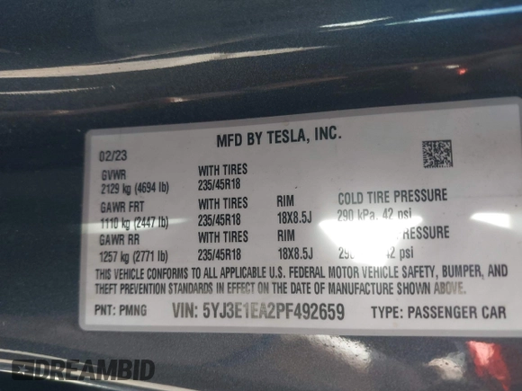 2023 Tesla Model 3 z VIN 5YJ3E1EA2PF492659, wystawiony jako IAAI lot #42284833 z przebiegiem 41 205 mil mil oraz . Historia ofert i sprzedaży dostępna na DreamBid. Obrazek 9.