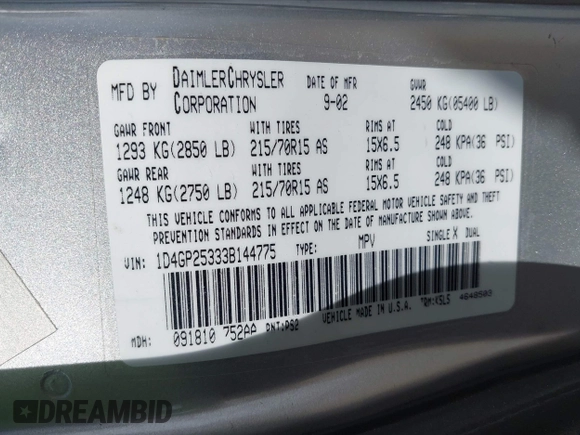 2003 Dodge Caravan SE with VIN 1D4GP25333B144775, listed as a IAAI auction lot 41999707 with 345,113 mi miles and . Bid and sale history available at carsss.com. Image 9.