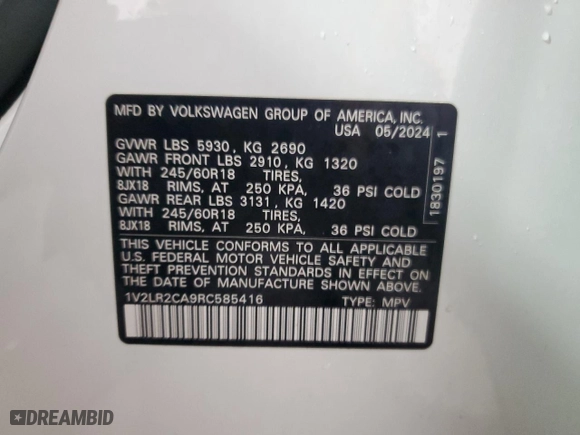 2024 Volkswagen Atlas 2.0T SE with VIN 1V2LR2CA9RC585416, listed as a Copart auction lot 45114035 with 9,547 mi miles and Salvage Title. Bid and sale history available at carsss.com. Image 14.