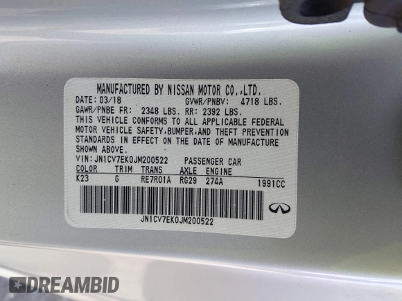 2018 Infiniti Q60 Luxe with VIN JN1CV7EK0JM200522, listed as a IAAI auction lot 41308958 with 28,015 mi miles and . Bid and sale history available at carsss.com. Image 9.