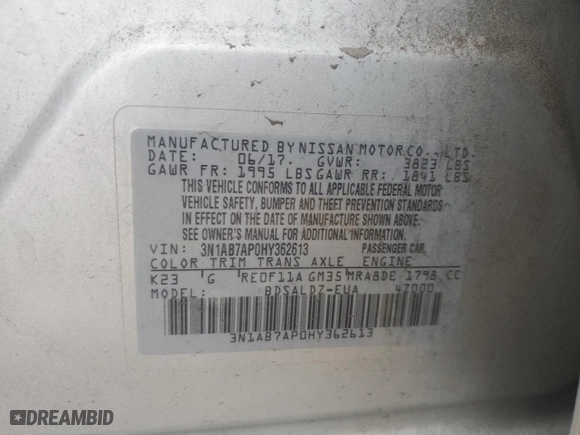 2017 Nissan Sentra SV with VIN 3N1AB7AP0HY362613, listed as a Copart auction lot 49333435 with 139,977 mi miles and Salvage Title. Bid and sale history available at carsss.com. Image 14.