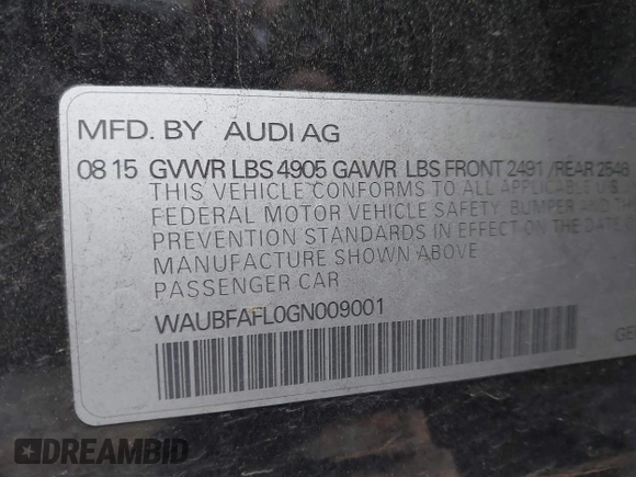 2016 Audi A4 Premium with VIN WAUBFAFL0GN009001, listed as a IAAI auction lot 41282468 with 91,465 mi miles. Bid and sale history available at carsss.com. Image 9.