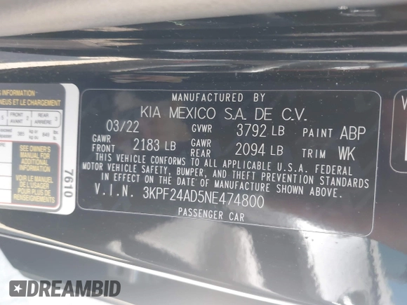 2022 Kia Forte LXS z VIN 3KPF24AD5NE474800, wystawiony jako IAAI lot #42071114 z przebiegiem 63 603 mil mil oraz . Historia ofert i sprzedaży dostępna na DreamBid. Obrazek 9.