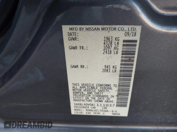 2019 Nissan Altima 2.5 SV with VIN 1N4BL4DV0KC111037, listed as a IAAI auction lot 41238586 with 98,002 mi miles. Bid and sale history available at carsss.com. Image 9.