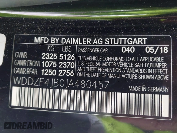 2018 Mercedes-Benz E-Class E 300 with VIN WDDZF4JB0JA480457, listed as a IAAI auction lot 41548033 with 54,732 mi miles. Bid and sale history available at carsss.com. Image 9.