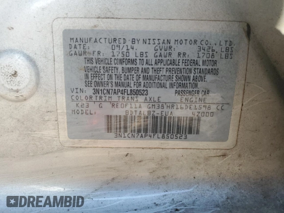 2015 Nissan Versa SV with VIN 3N1CN7AP4FL850523, listed as a Copart auction lot 52056215 with 130,538 mi miles and Salvage Title. Bid and sale history available at carsss.com. Image 12.