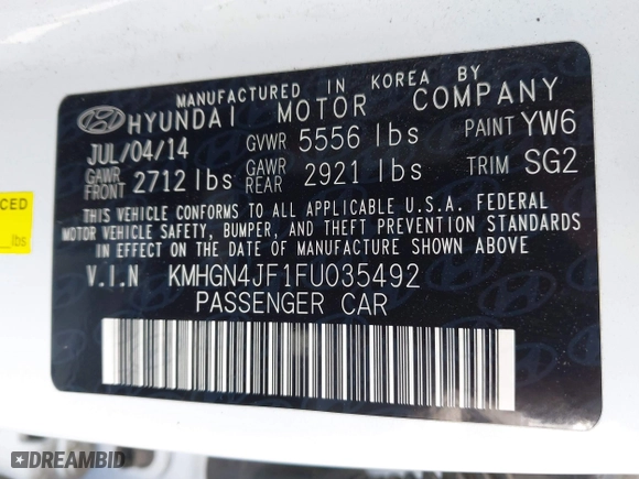 2015 Hyundai Genesis 5.0L with VIN KMHGN4JF1FU035492, listed as a IAAI auction lot 41849568 with 104,776 mi miles. Bid and sale history available at carsss.com. Image 9.