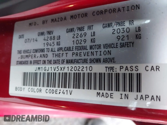 2015 Mazda 6 i Touring with VIN JM1GJ1V5XF1202210, listed as a IAAI auction lot 41231772 with 49,929 mi miles and . Bid and sale history available at DreamBid. Image 9.