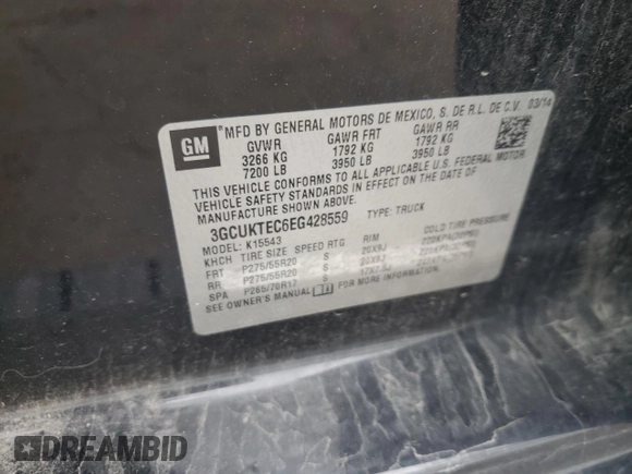 2014 Chevrolet Silverado 1500 High Country with VIN 3GCUKTEC6EG428559, listed as a Copart auction lot 54586165 with 69,442 mi miles and Salvage Title. Bid and sale history available at DreamBid. Image 12.