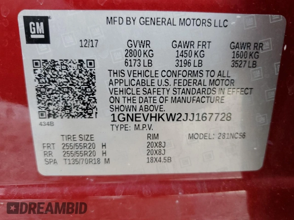 2018 Chevrolet Traverse LT z VIN 1GNEVHKW2JJ167728, wystawiony jako Copart lot #54617705 z przebiegiem 87 774 mil mil oraz Szkoda całkowita • Salvage title. Historia ofert i sprzedaży dostępna na DreamBid. Obrazek 13.