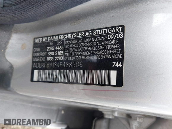 2004 Mercedes-Benz C 320 with VIN WDBRF64J34F488308, listed as a IAAI auction lot 41516891 with 160,855 mi miles and . Bid and sale history available at DreamBid. Image 9.