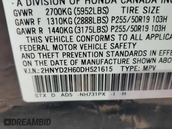 2013 Acura MDX Advance Pkg with VIN 2HNYD2H60DH521615, listed as a Copart auction lot 66623033 with 133,489 mi miles and Salvage Title. Bid and sale history available at carsss.com. Image 13.