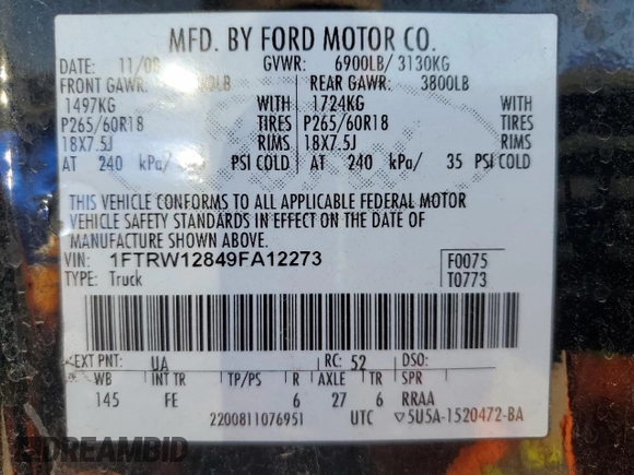 2009 Ford F-150 XL with VIN 1FTRW12849FA12273, listed as a Copart auction lot 52548555 with 190,892 mi miles and Salvage Title. Bid and sale history available at carsss.com. Image 12.
