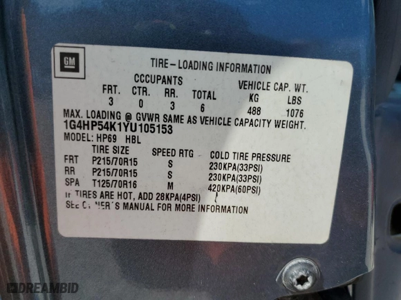 2000 Buick LeSabre Custom with VIN 1G4HP54K1YU105153, listed as a Copart auction lot 47669045 with 0 miles and Salvage Title. Bid and sale history available at carsss.com. Image 12.