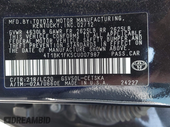 2012 Toyota Camry SE with VIN 4T1BK1FK5CU007987, listed as a IAAI auction lot 41837470 with 161,652 mi miles. Bid and sale history available at carsss.com. Image 9.