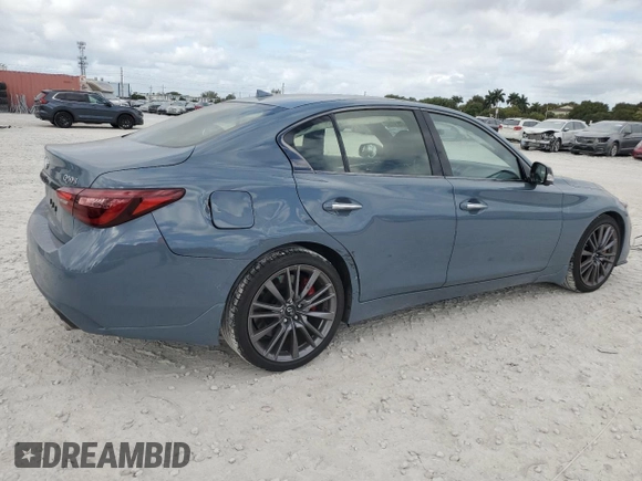 2024 Infiniti Q50 Red Sport 400 with VIN JN1FV7DP0RM660155, listed as a Copart auction lot 44143915 with 5,521 mi miles and Salvage Title. Bid and sale history available at DreamBid. Image 3.