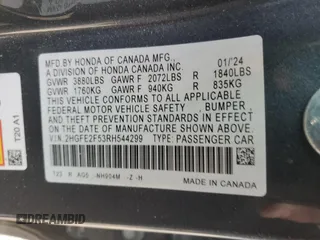 2024 Honda Civic Sport with VIN 2HGFE2F53RH544299, listed as a Copart auction lot 43572105 with 78,806 mi miles and Salvage Title. Bid and sale history available at DreamBid. Image 13.