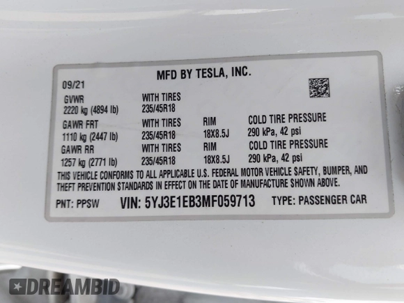 2021 Tesla Model 3 Long Range with VIN 5YJ3E1EB3MF059713, listed as a IAAI auction lot 41778289 with 52,211 mi miles. Bid and sale history available at carsss.com. Image 9.