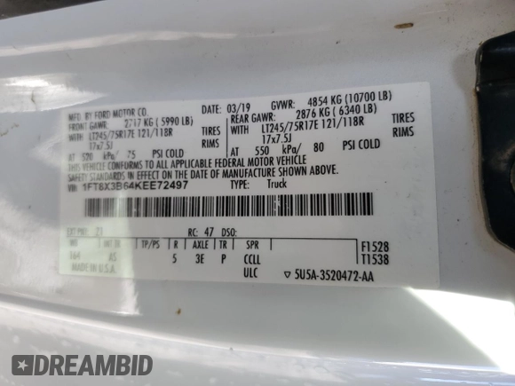 2019 Ford F-350 XL with VIN 1FT8X3B64KEE72497, listed as a Copart auction lot 85768544 with 70,189 mi miles and Non repairable. Bid and sale history available at DreamBid. Image 12.