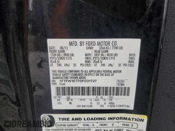 2013 Ford F-150 XL with VIN 1FTFW1ET7DFD31727, listed as a Copart auction lot 55254245 with 103,050 mi miles and Salvage title. Bid and sale history available at DreamBid. Image 12.