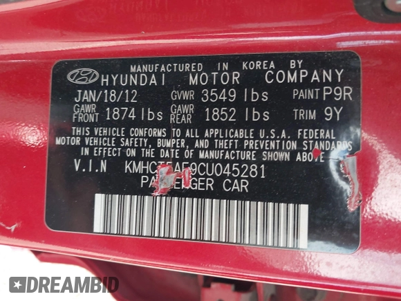 2012 Hyundai Accent GS z VIN KMHCT5AE9CU045281, wystawiony jako IAAI lot #42524006 z przebiegiem 209 063 mil mil oraz . Historia ofert i sprzedaży dostępna na DreamBid. Obrazek 9.