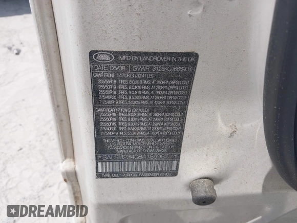2008 Land Rover Range Rover Sport SC with VIN SALSH23408A186987, listed as a IAAI auction lot 42390761 with Not provided miles and . Bid and sale history available at DreamBid. Image 9.