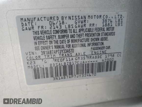 2018 Nissan Sentra S with VIN 3N1AB7AP7JY334670, listed as a Copart auction lot 53855975 with 92,235 mi miles and Salvage Title. Bid and sale history available at DreamBid. Image 13.