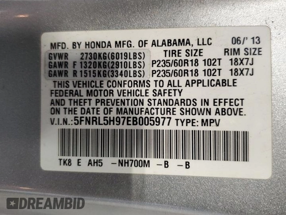 2014 Honda Odyssey Touring with VIN 5FNRL5H97EB005977, listed as a Copart auction lot 53849025 with 229,915 mi miles and Non Repairable. Bid and sale history available at DreamBid. Image 13.