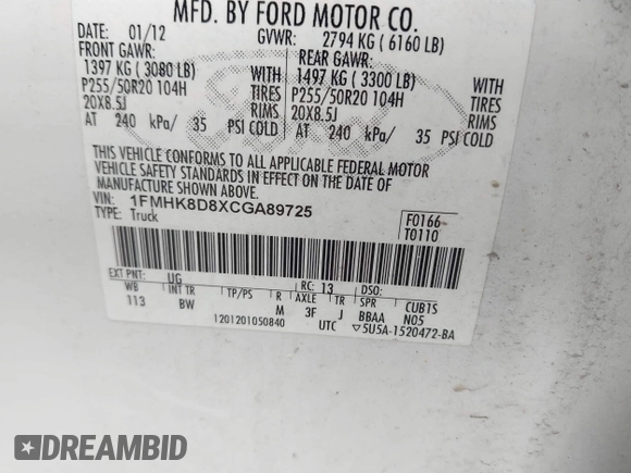 2012 Ford Explorer XLT with VIN 1FMHK8D8XCGA89725, listed as a IAAI auction lot 42632419 with 203,484 mi miles and . Bid and sale history available at DreamBid. Image 9.
