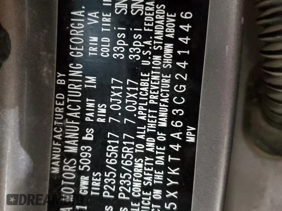 2012 Kia Sorento LX z VIN 5XYKT4A63CG241446, wystawiony jako Copart lot #45536195 z przebiegiem 177 209 mil mil oraz Szkoda całkowita • Salvage title. Historia ofert i sprzedaży dostępna na DreamBid. Obrazek 13.