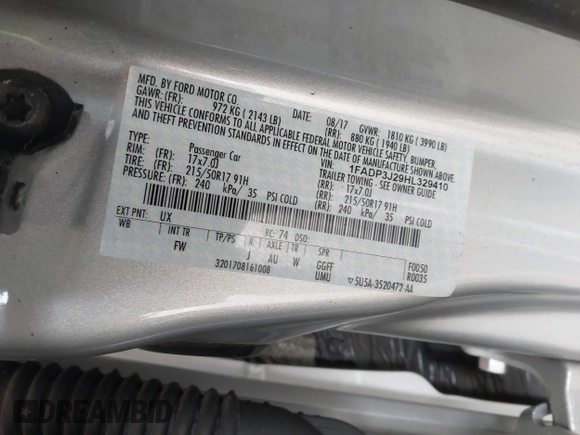 2017 Ford Focus Titanium с VIN 1FADP3J29HL329410, выставлен на аукционе IAAI как лот 42493519 с пробегом 22 639 миль миль и . История ставок и продаж доступна на DreamBid. Изображение 9.