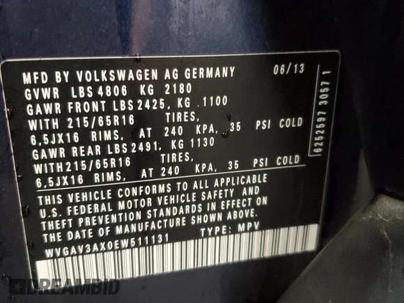 2014 Volkswagen Tiguan SEL with VIN WVGAV3AX0EW511131, listed as a Copart auction lot 43483055 with 102,252 mi miles and Salvage title. Bid and sale history available at DreamBid. Image 13.