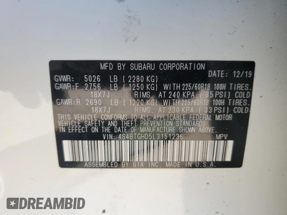 2020 Subaru Outback with VIN 4S4BTGHD5L3151236, listed as a Copart auction lot 54769114 with 32,923 mi miles and Salvage title. Bid and sale history available at DreamBid. Image 13.