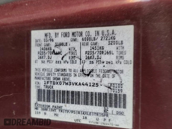 1997 Ford F-150 XL with VIN 1FTDX07W3VKA44125, listed as a Copart auction lot 48158735 with 227,460 mi miles and Salvage title. Bid and sale history available at DreamBid. Image 12.